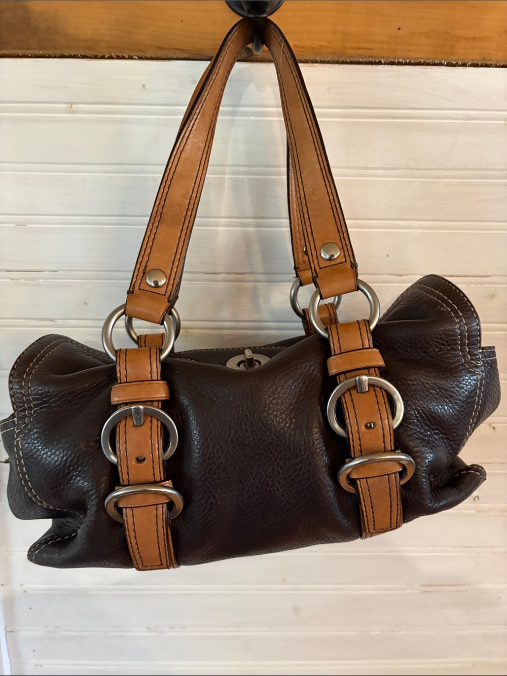 Coach Dark Brown Leather Shoulder Bag with Tan Straps - Picture 4 of 4